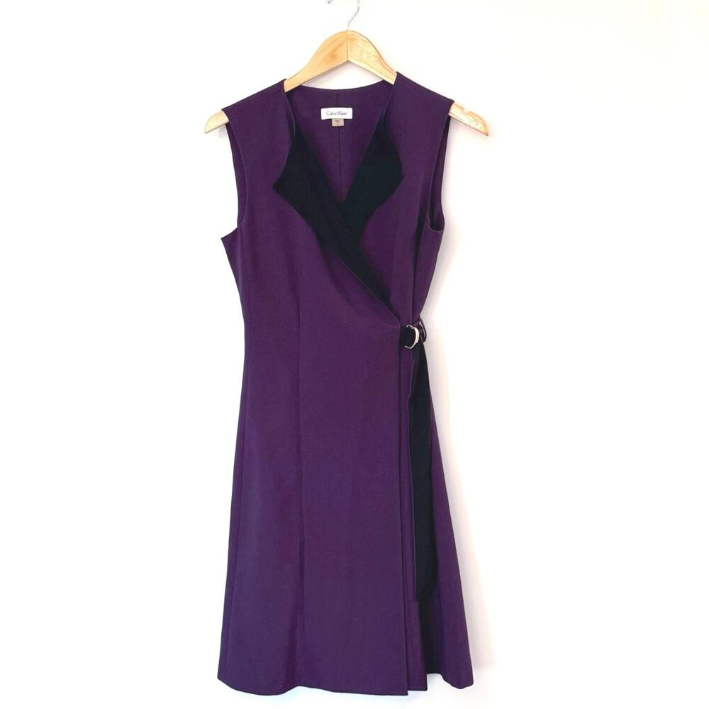 Calvin Klein Dress Size 6 Purple Black Double Breasted Blazer Dress Belt